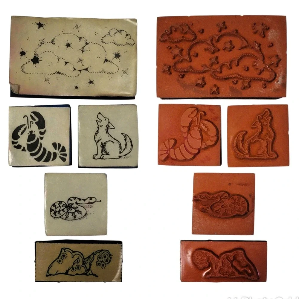 VTG Foam Rubber Stamp Lot 9 Pc Carousel Horse Wolf Lobster‎ Snake Clouds Turtle